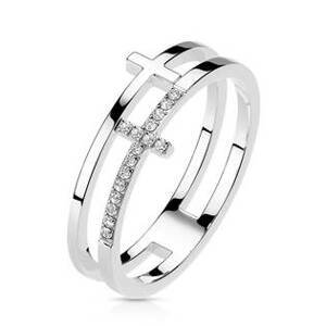 Šperky4U Dvojitý ocelový prsten s křížem - velikost 55 - OPR1871ST-55