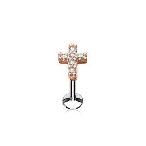 Šperky4U Zlacený piercing do brady křížek 1,2 x 6 mm, čiré zirkony - LB0027RDC-1206