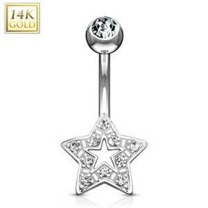 Šperky4U Zlatý piercing do pupíku hvězdička, čiré zirkony, Au 585/1000 - ZL01054-WG