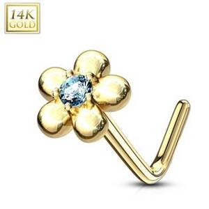 Šperky4U Zlatý piercing do nosu kytička - tyrkysový zirkon, Au 585/1000 - ZL01195Q-YG